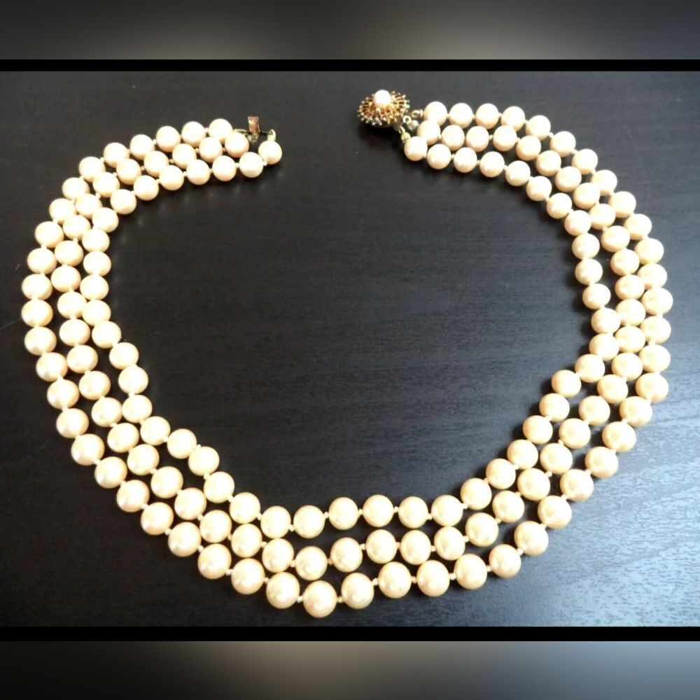 VINTAGE SIGNED DANECRAFT STERLING GLASS PEARL TRIPLE STRAND 17" NECKLACE